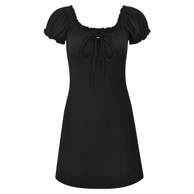 Women's Slim A-Line Dress Puff Sleeve Square Neck Cutout Tie Dress 