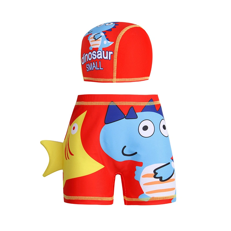 Kids Boys Swim Trunks Dinosaur Print Elastic Board Shorts and Swim Cap