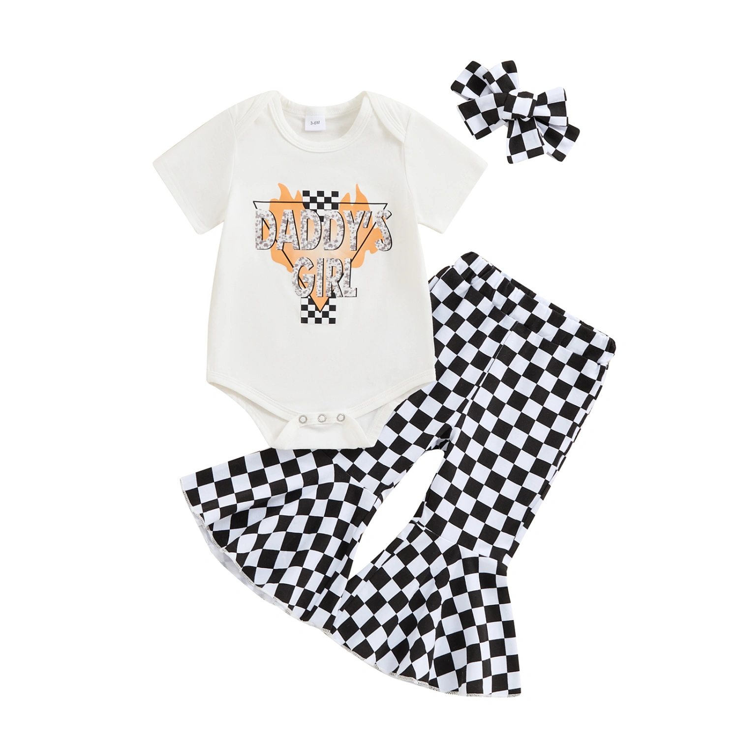 Girls Summer Outfit Letter Print Romper and Plaid Flare Pants Headband