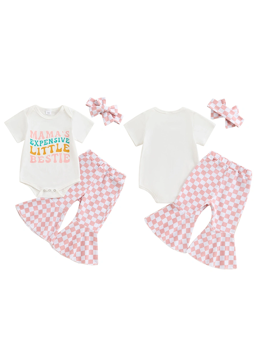 Girls Summer Outfit Letter Print Romper and Plaid Flare Pants Headband