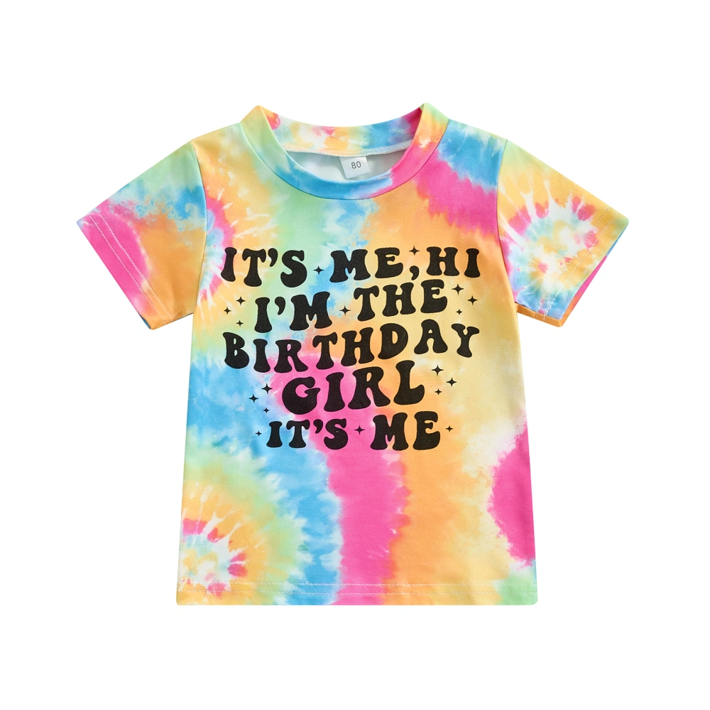 Little Girl T-Shirt Letter Print Tie-Dye Short Sleeve Birthday Tops