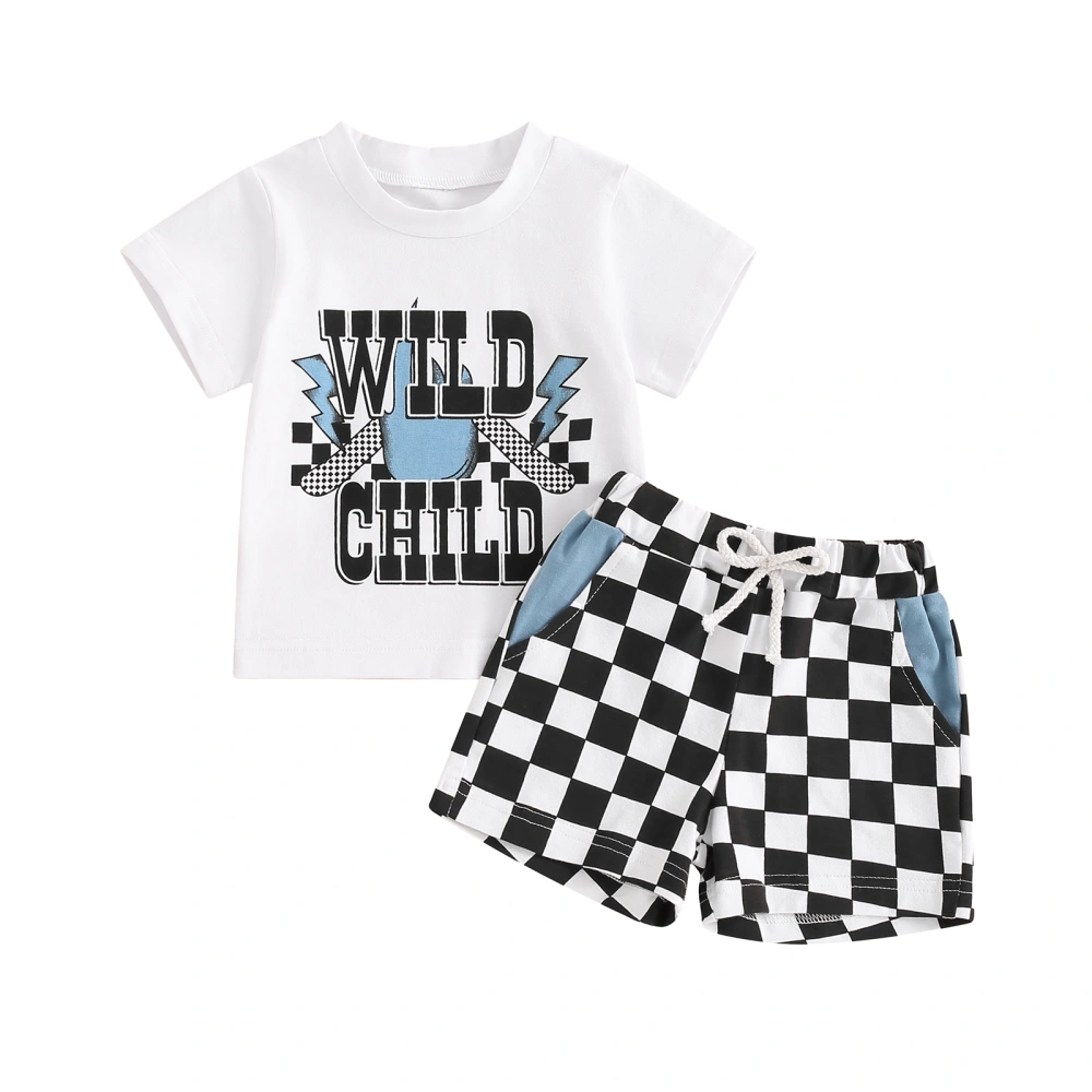 Boy Shorts Sets Letter Print Tops and Checkerboard Print Shorts Sets