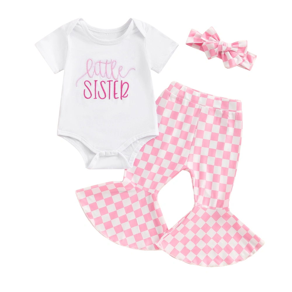 Baby Girl Set, Short Sleeve Romper Checkerboard Flare Pants Headband 