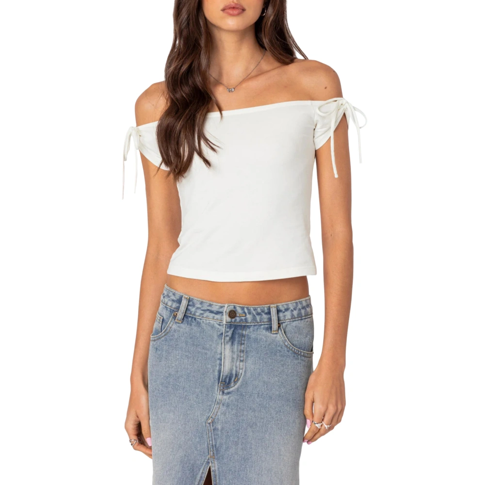 Women Crop Tops Fitted Off Shoulder Short Sleeve Solid Color T-Shirt 