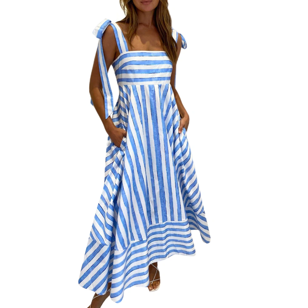 Women's Long Tank Dress Striped Sleeveless Tie-Up Ruffled Swing Dress 