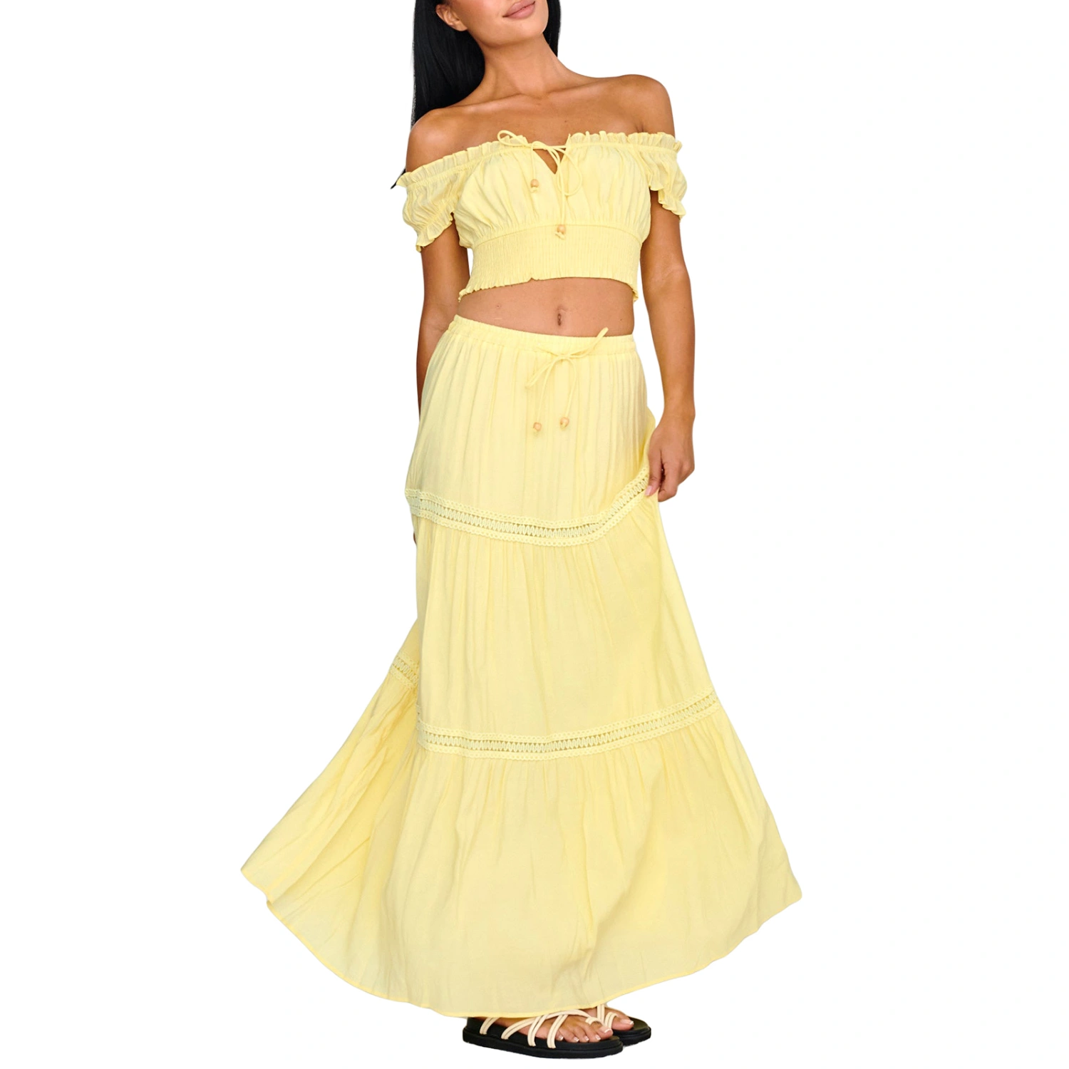 Women’s Two Piece Outfits Off Shoulder Frill Crop Tops and Long Skirt