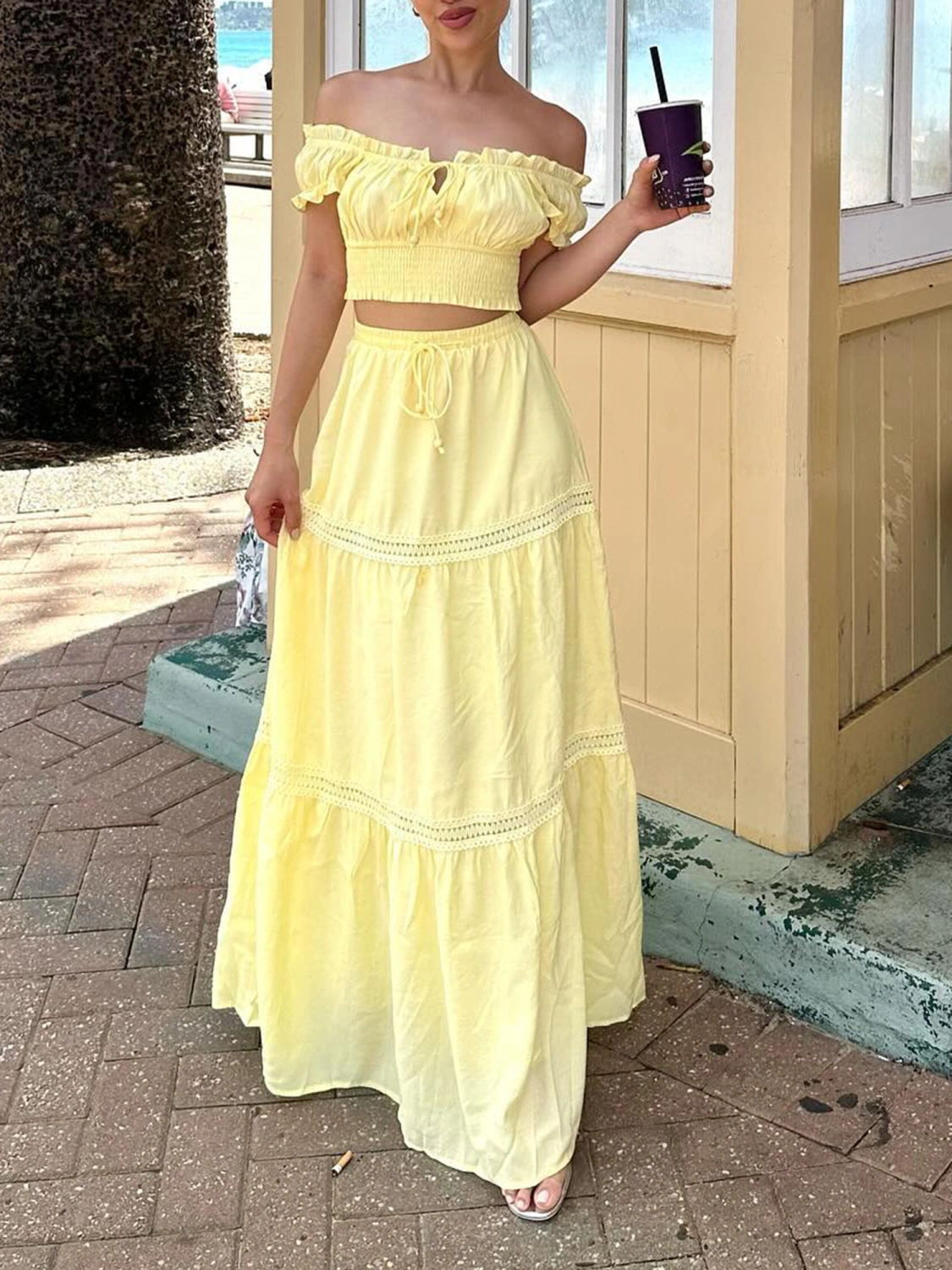 Women’s Two Piece Outfits Off Shoulder Frill Crop Tops and Long Skirt