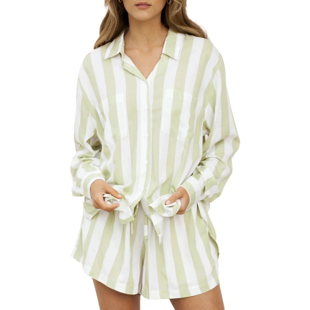 Women Lounge Set Long Sleeve Lapel Tops Striped Shorts Sleepwear