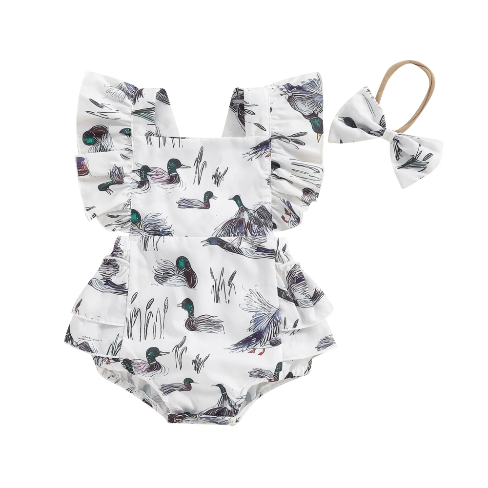 Baby Girls Rompers Duck Print Ruffles Bodysuits with Headband