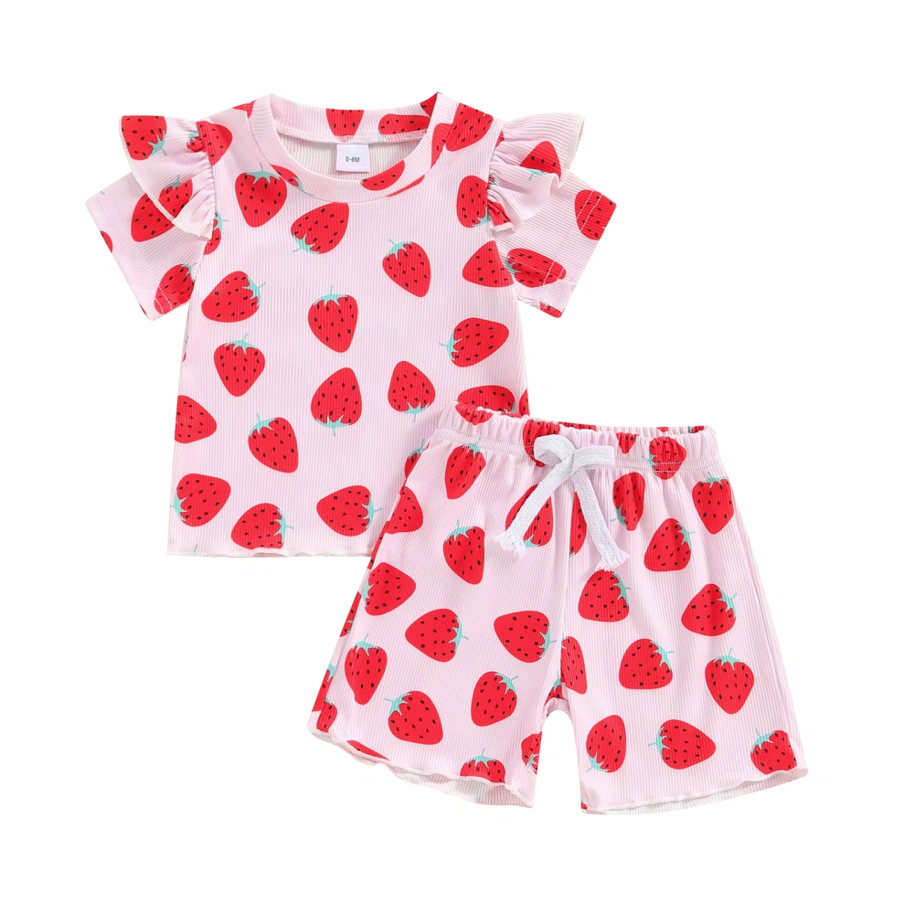 Girls 2PCS Sets Flying Sleeve Strawberry Print T-shirt Shorts Sets