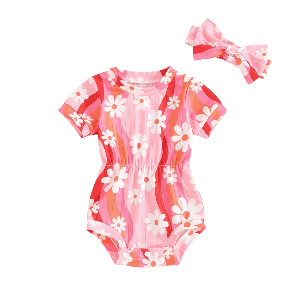 Baby Girl Summer Outfits Stripes Floral Print Romper with Headband