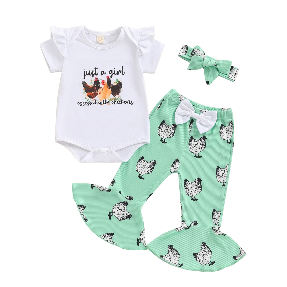 Baby Girls Summer Outfit Chicken Print Romper and Flare Pants Headband