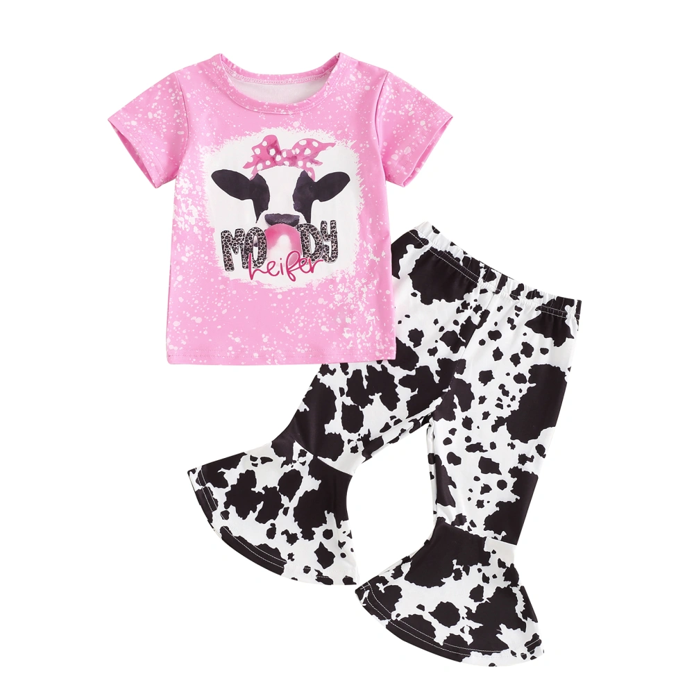 Baby Girl Western Outfits Short Sleeve Cow Print T-Shirt + Flare Pants