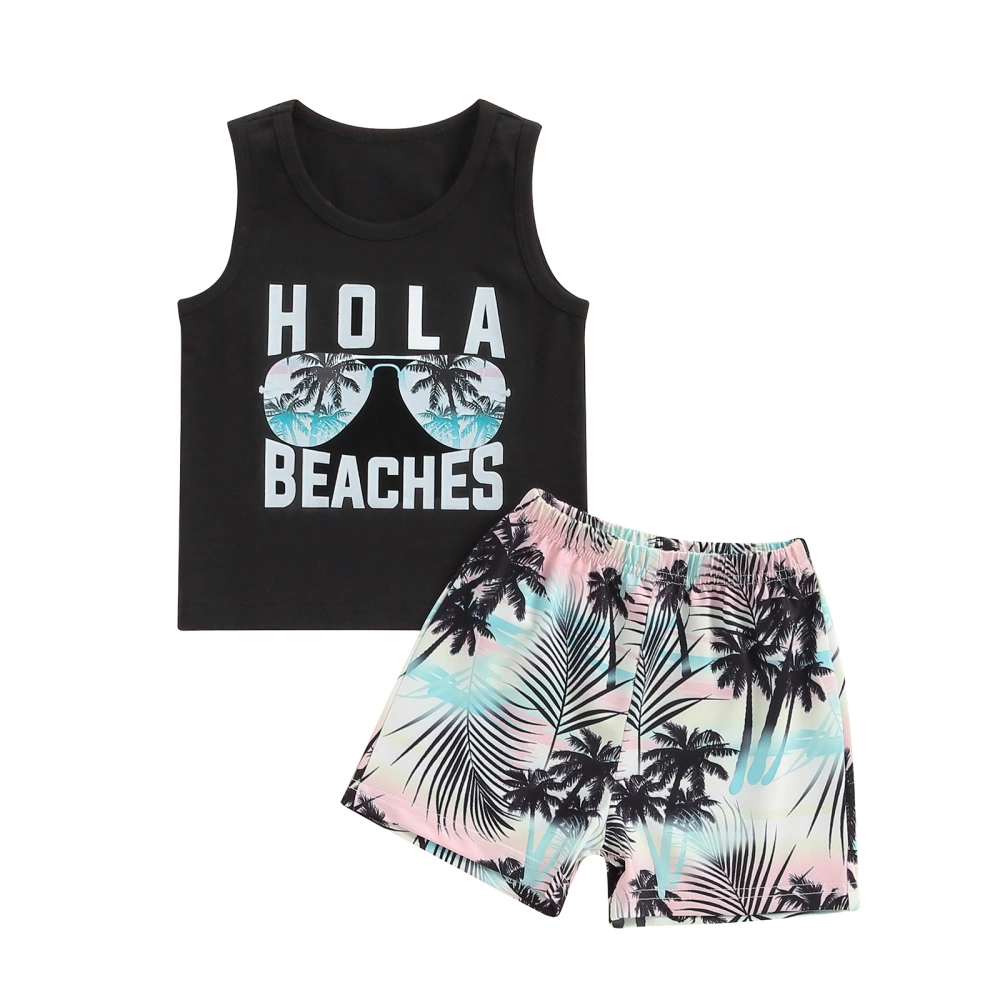 Little Boy Summer Outfit, Letter Print Tank Tops Tree Print Shorts