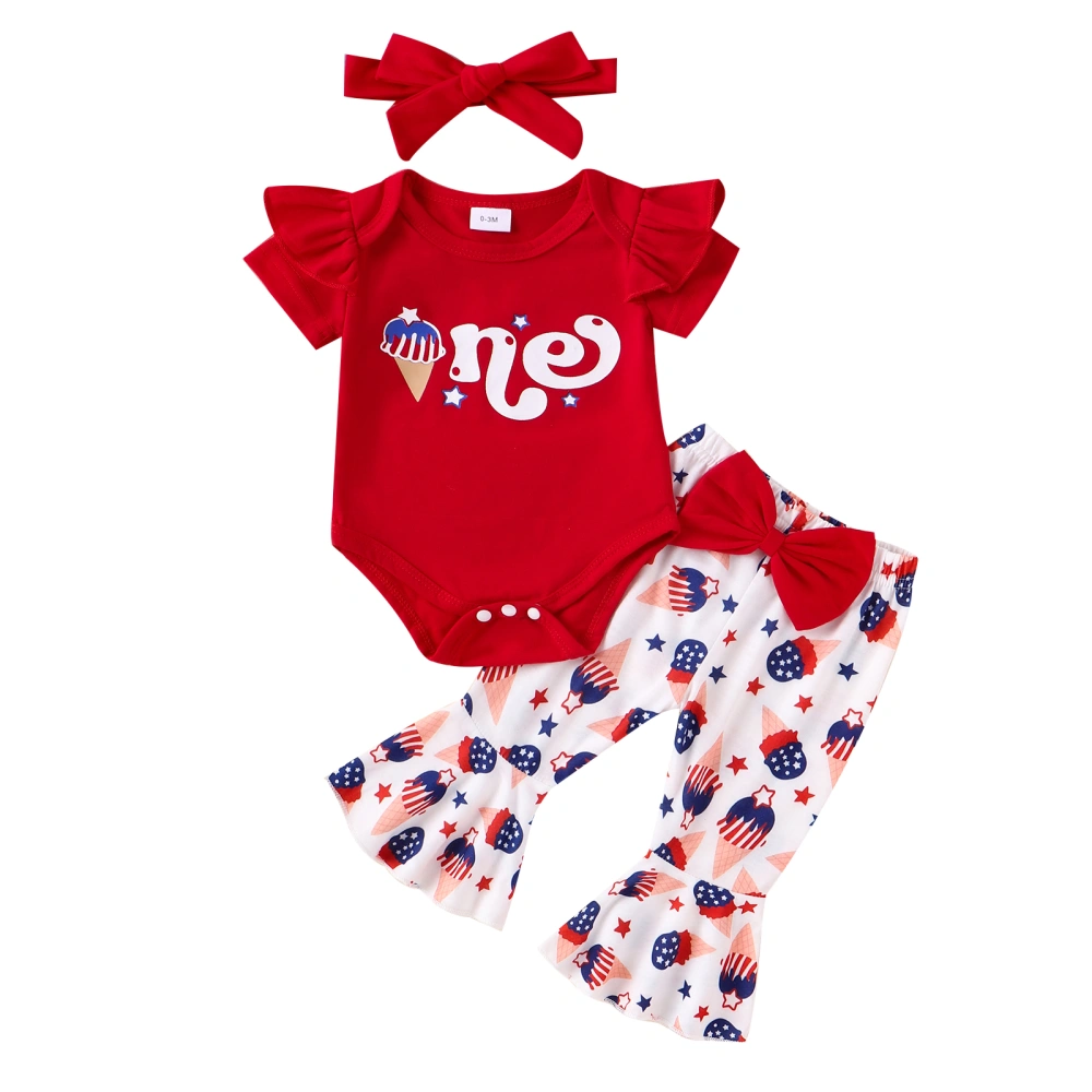 Girl 4th of July Outfit Short Sleeve Romper Falre Pants Headband 