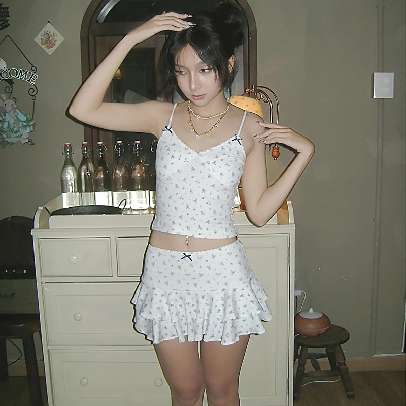 Women Floral Mini Skirt Casual Summer Layered Ruffled A-Line Skirt
