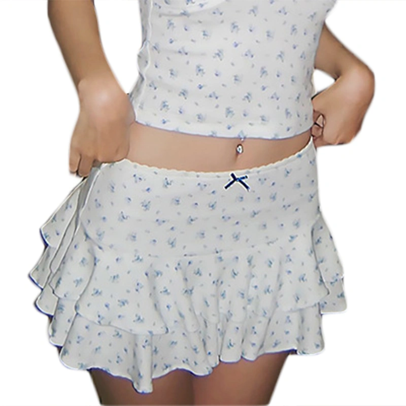 Women Floral Mini Skirt Casual Summer Layered Ruffled A-Line Skirt