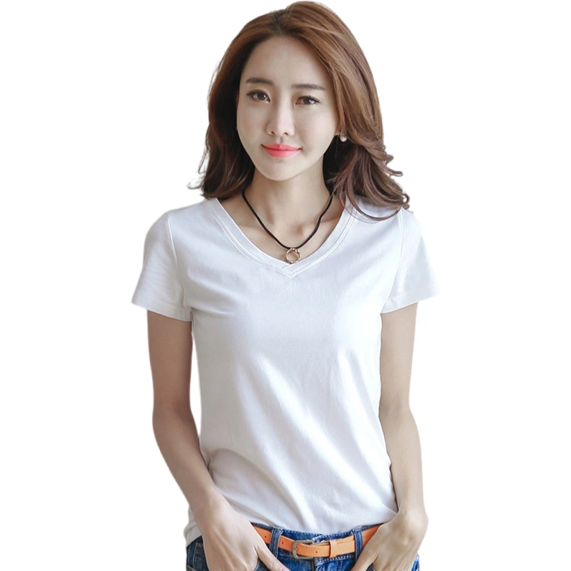 Women's Summer Tops Casual Short Sleeve V Neck Solid Color T-Shirts