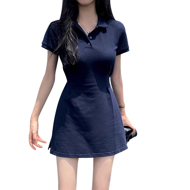 Women Mini Dress Short Sleeve Turn-down Collar Solid Slit A-line Dress