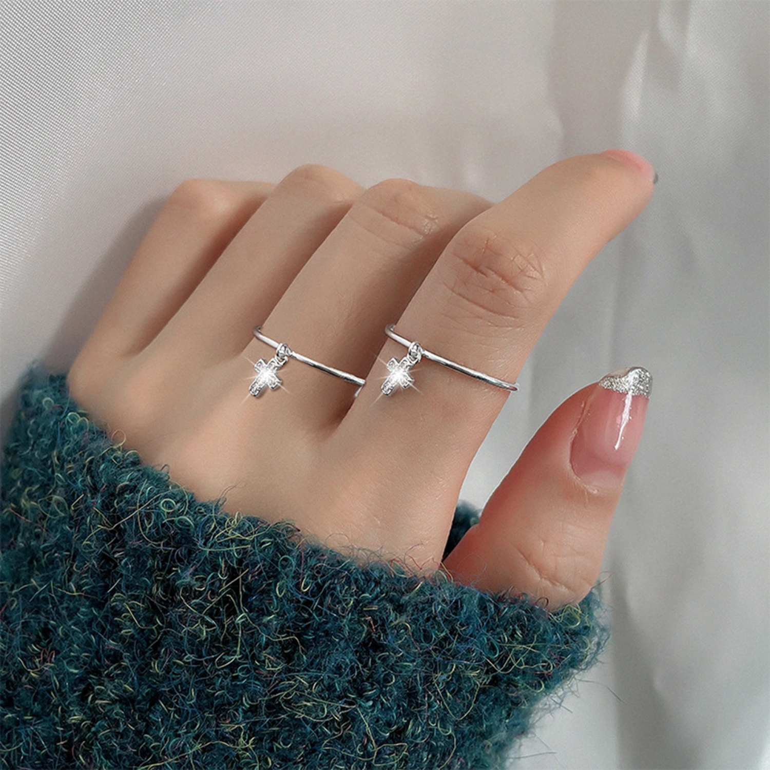 Women Rhinestone Cross Rings Fashion Simple Adjustable Open Ring 