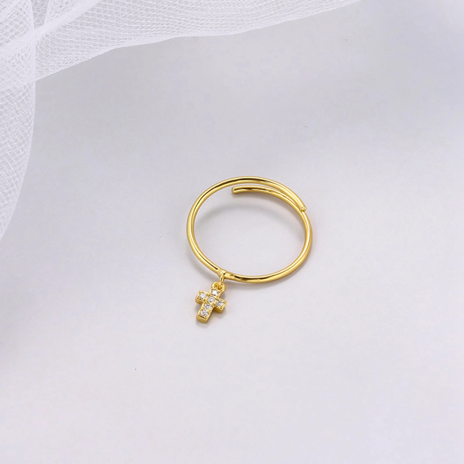 Women Rhinestone Cross Rings Fashion Simple Adjustable Open Ring 