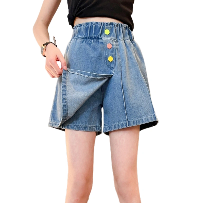 Tween Girls Denim Shorts Elastic Waist Button Front Loose Jean Shorts