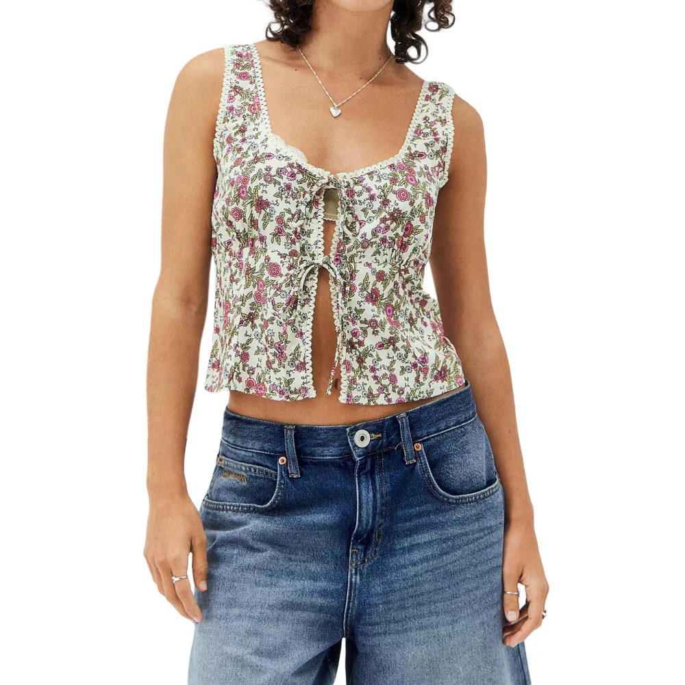 Women's Lace Trimmed Tank Tops Sleeveless Tie-up Floral Crop Tops