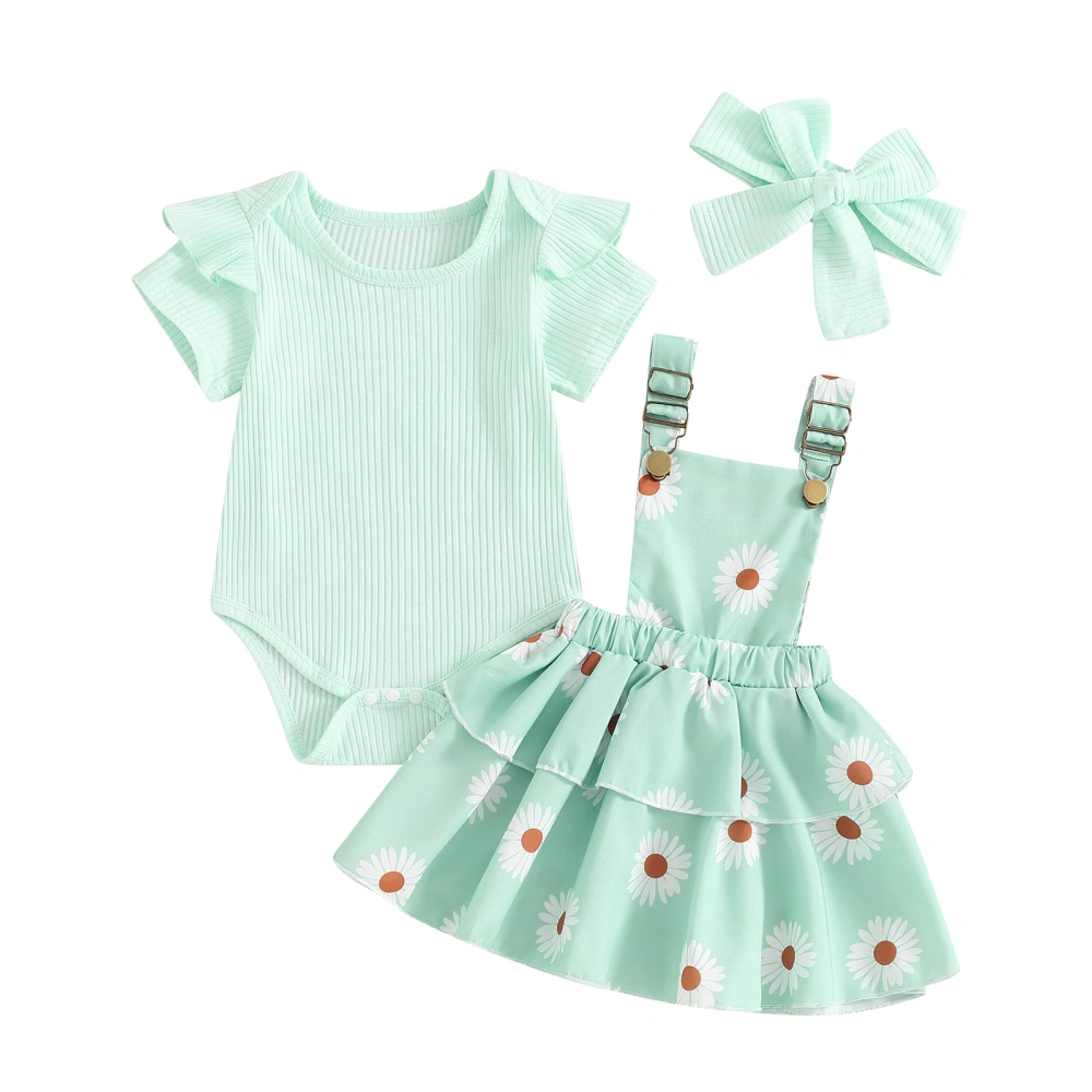 Baby Girls Spring Outfits Ribbed Romper + Suspender Skirt + Headband