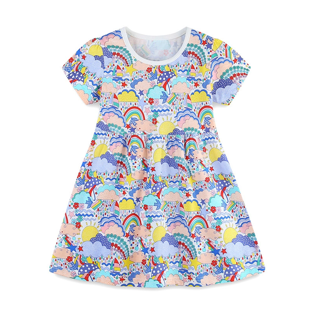 Kids Girls Dress Rainbow Print Round Neck Short Sleeve Dress