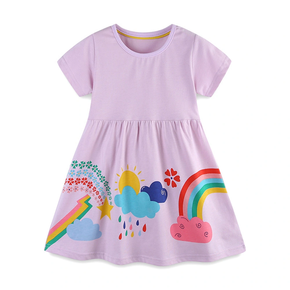 Kids Girls Dress Cartoon Cloud Rainbow Print Round Neck Dress