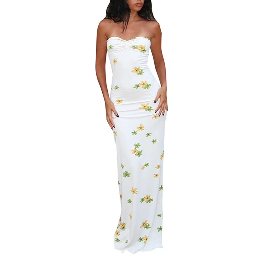 Women's Summer Tube Dress Floral Strapless Slit Slim Long Dress