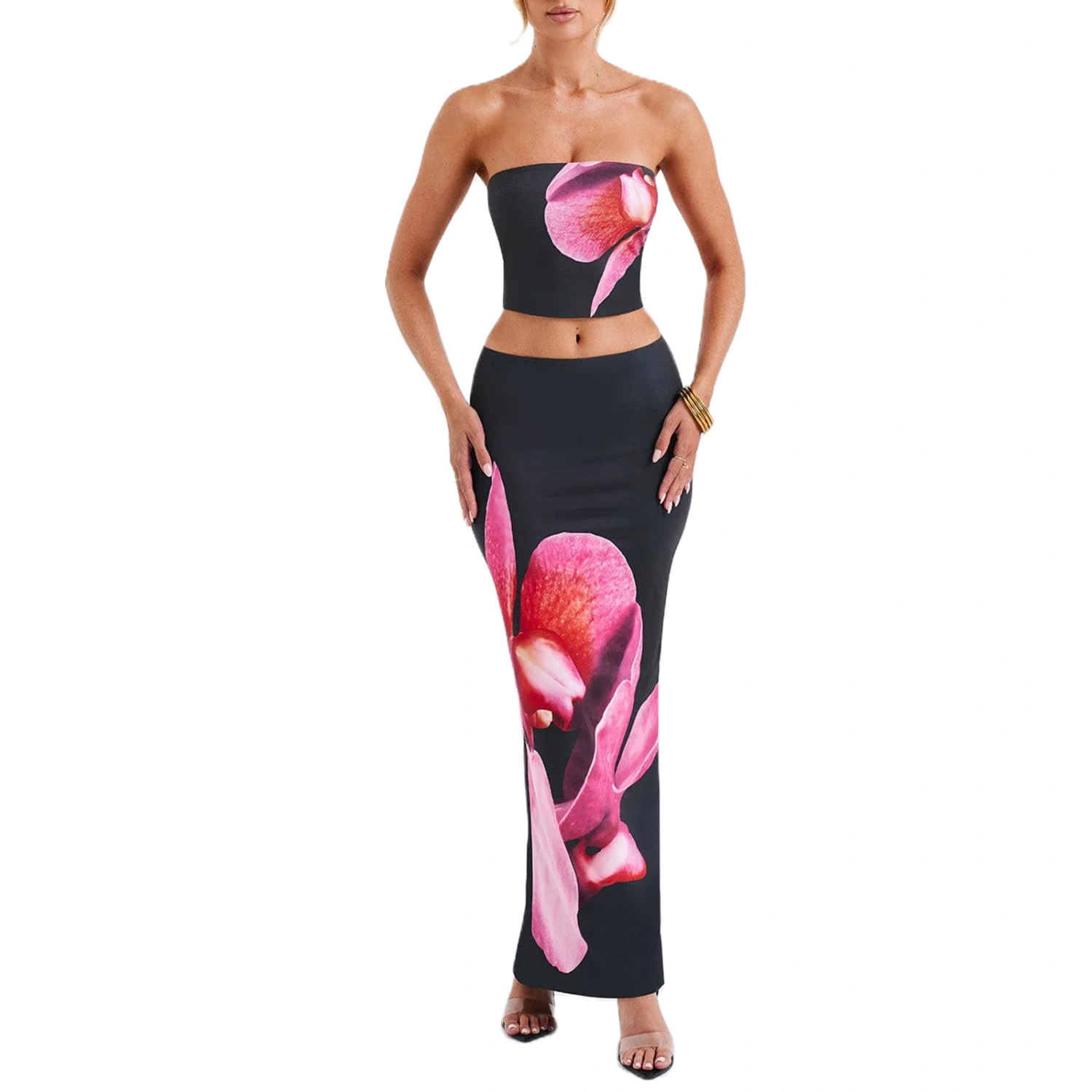 Women 2 Piece Outfits Floral Print Tube Tops and Bodycon Long Skirt 