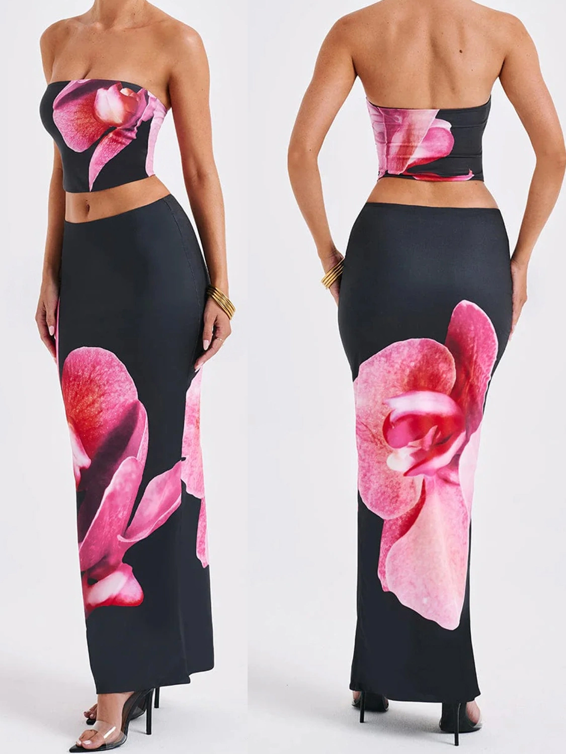Women 2 Piece Outfits Floral Print Tube Tops and Bodycon Long Skirt 