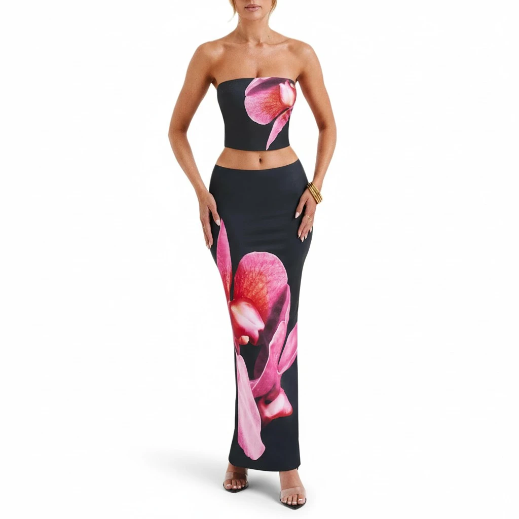 Women 2 Piece Outfits Floral Print Tube Tops and Bodycon Long Skirt 