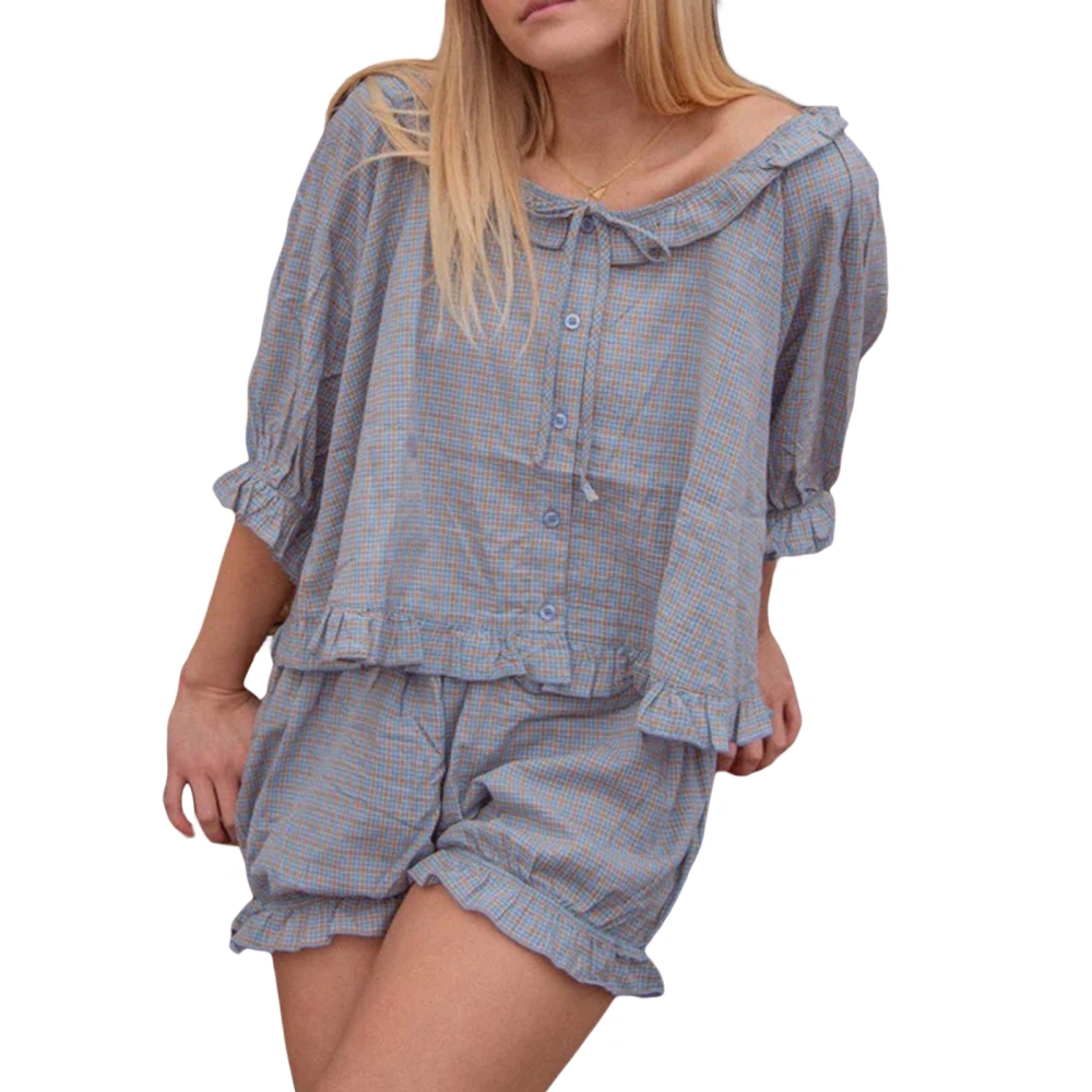 Women Lounge Set Solid Color/Plaid Button Up Tops Lantern Shorts