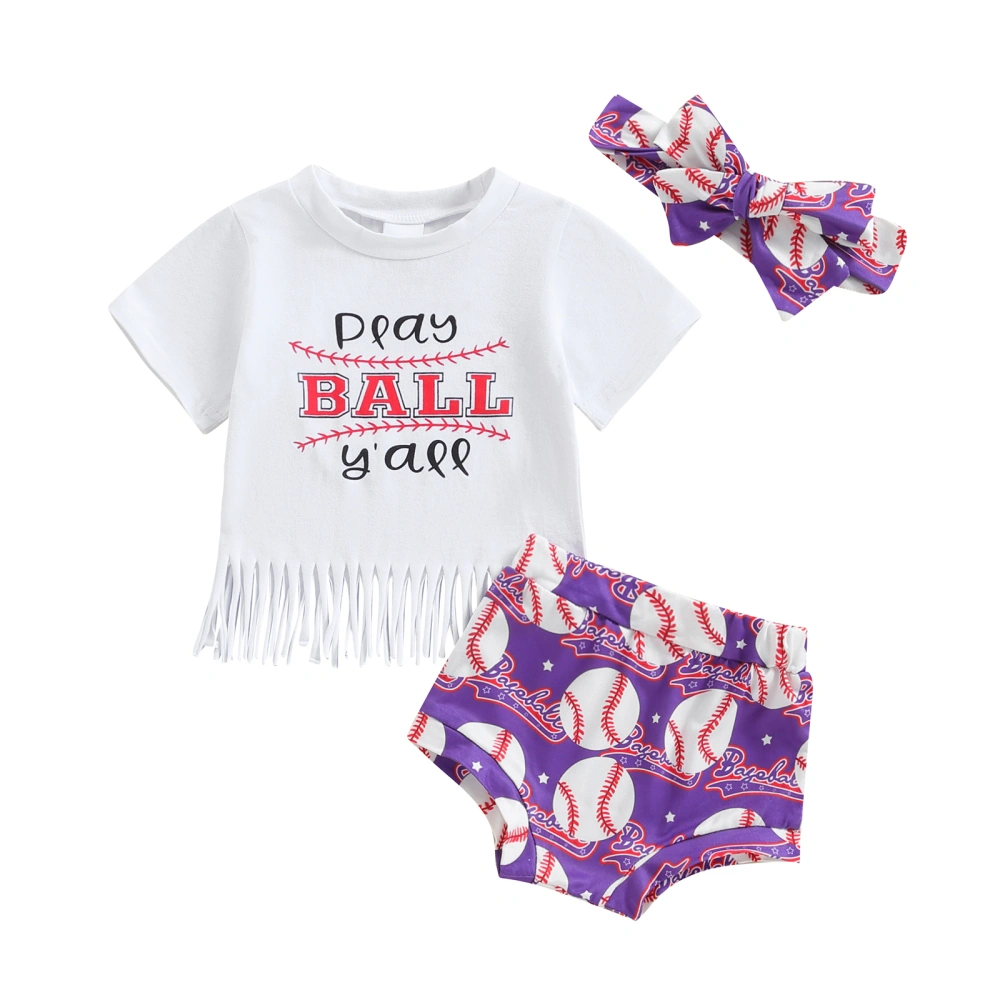 Baby Girls Shorts Set, Letters Print T-shirt Baseball Shorts Hairband