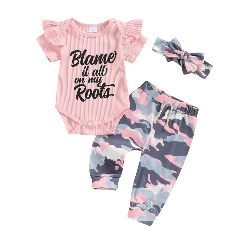 Baby Girls Summer Outfit, Letters Romper Camouflage Pants Headband