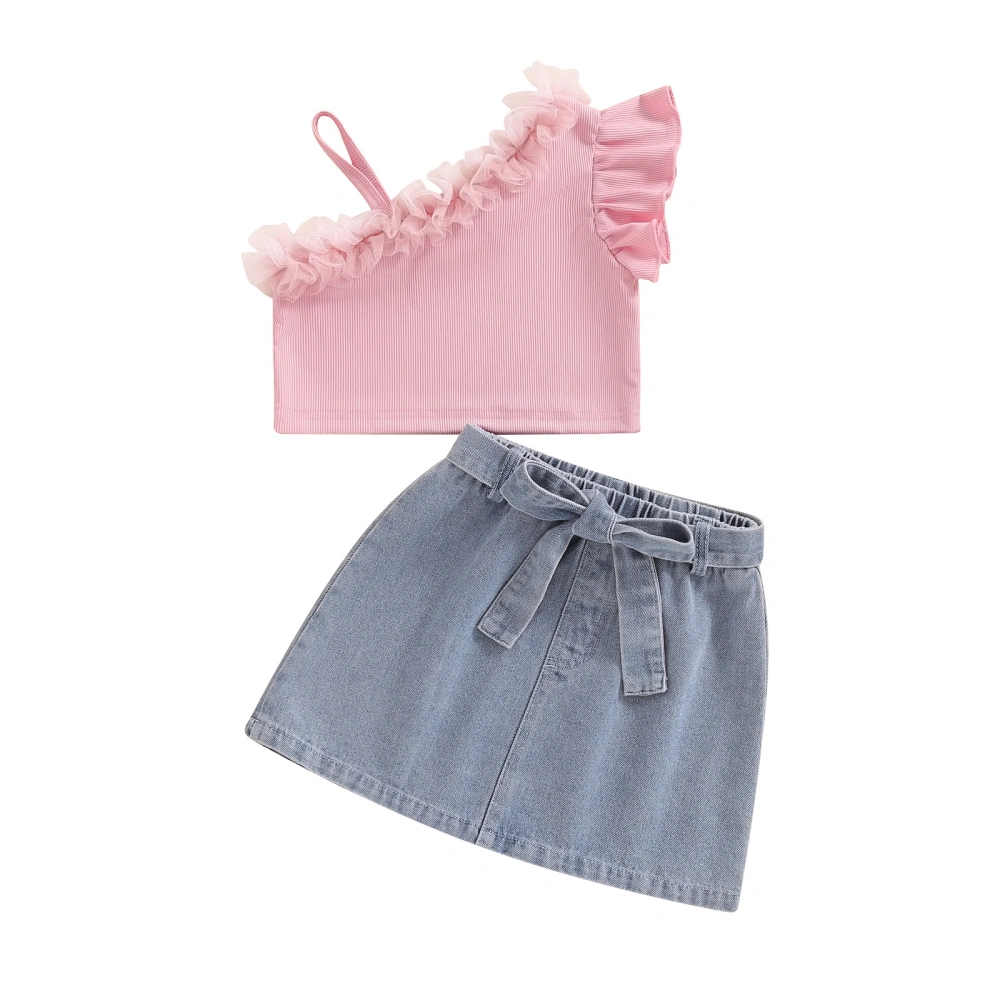 Little Girl Outfit Mesh One Shoulder Tops Tops and Bow Tie Denim Skirt Set