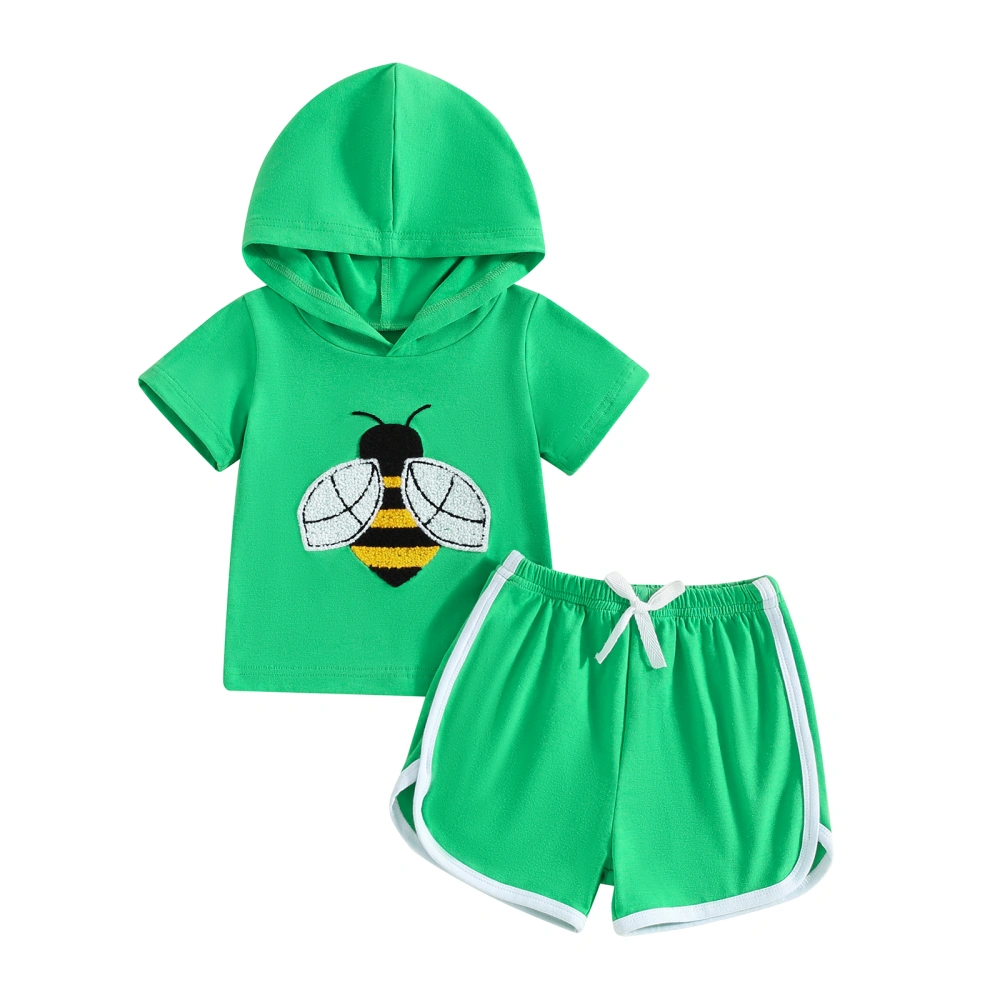 Boy Summer Outfit Bee Embroidery Short Sleeve Hood Tops with Shorts