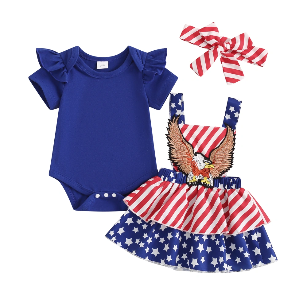 Baby Girl 4th of July Outfit Romper + Eagle Suspender Skirt + Headband