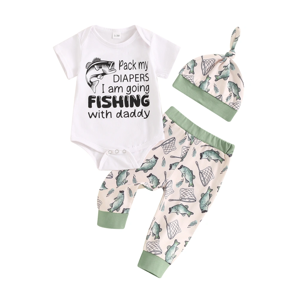 Boy Summer Outfit Letter Print Short Sleeve Romper Fish Pants Hat 