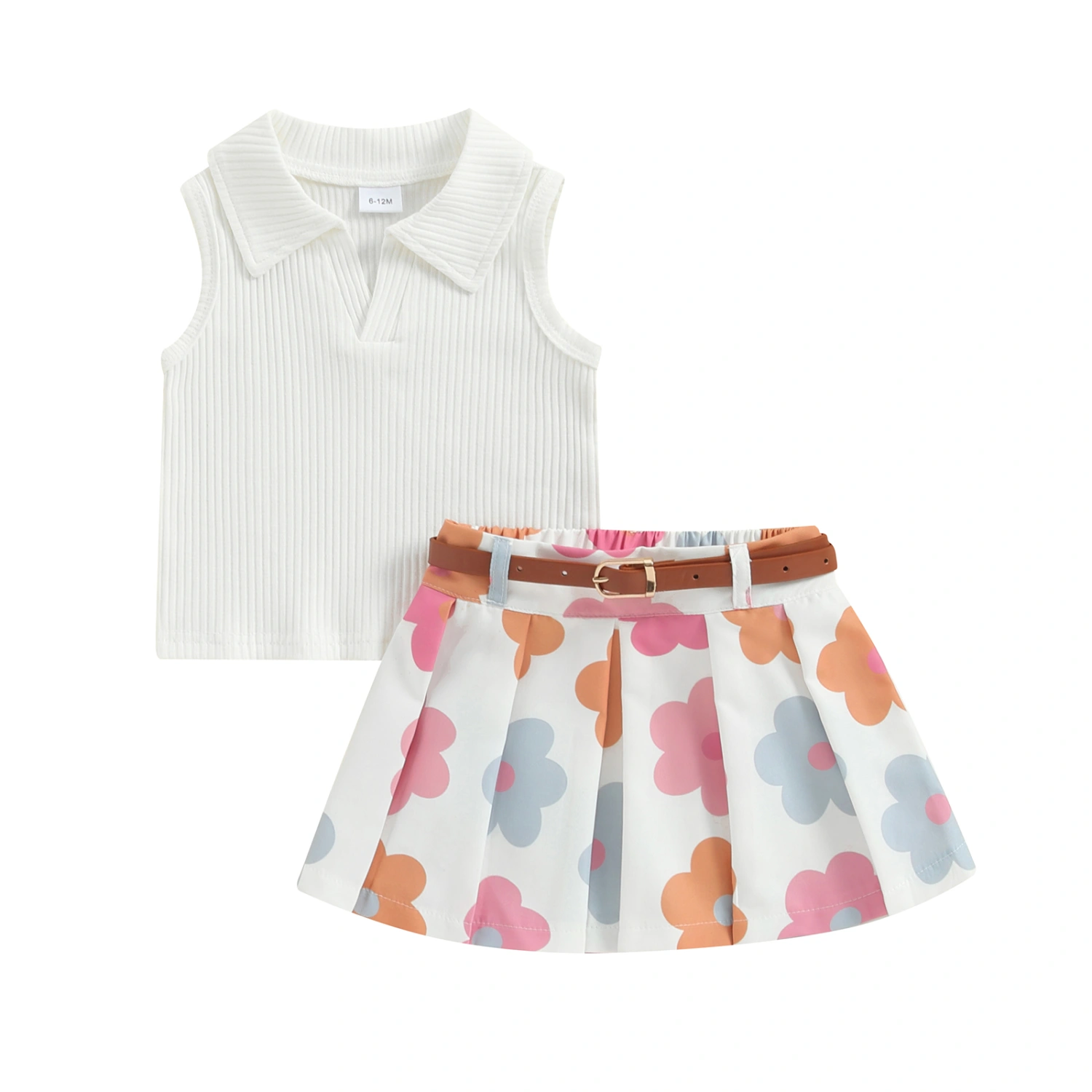 Toddler Girl Summer Outfit Solid Color Tops and Skirts with Belt