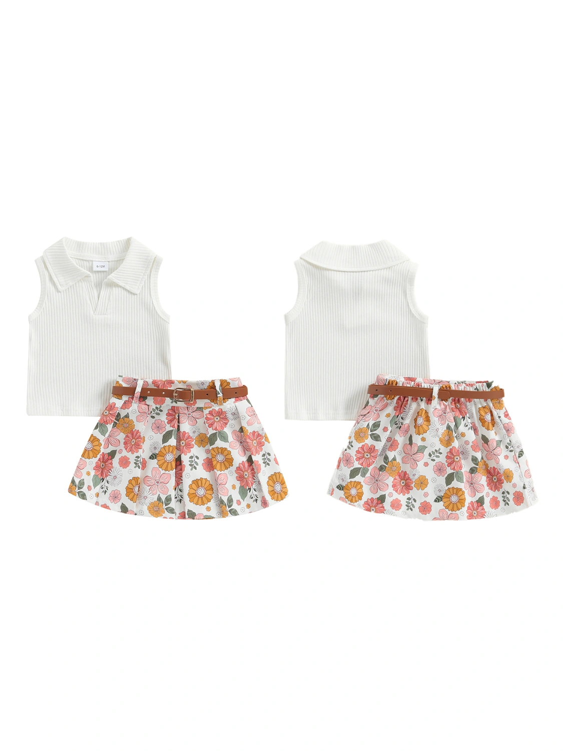 Toddler Girl Summer Outfit Solid Color Tops and Skirts with Belt