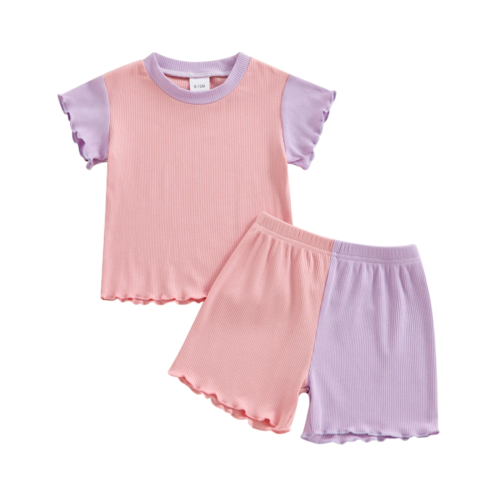 Girls Shorts Set Contrast Color Short Sleeve Crew Neck T-shirt Shorts