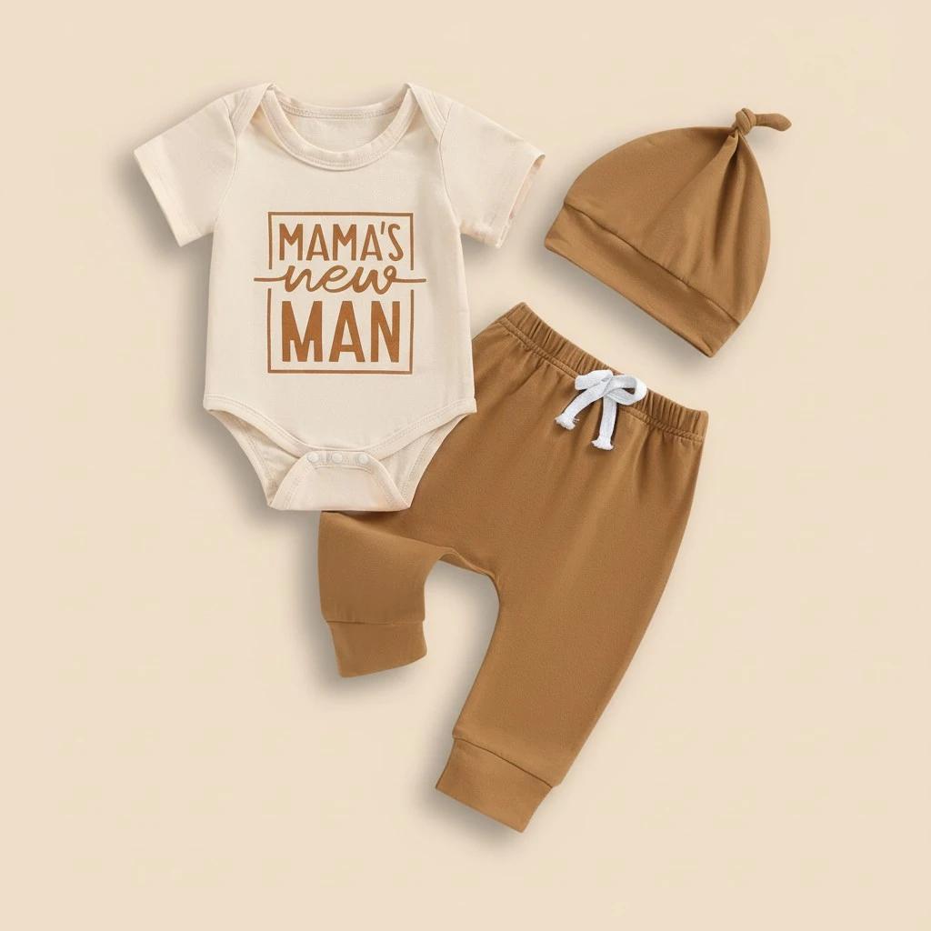 Baby Boy Summer Outfit Letter Print Romper and Pants Beanies Hat Set