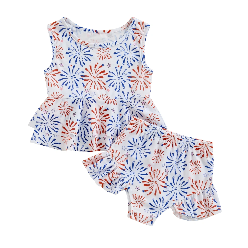 Little Girl 4th of July Swimsuit Outfit Ruffled Swim Tops Swim Shorts 