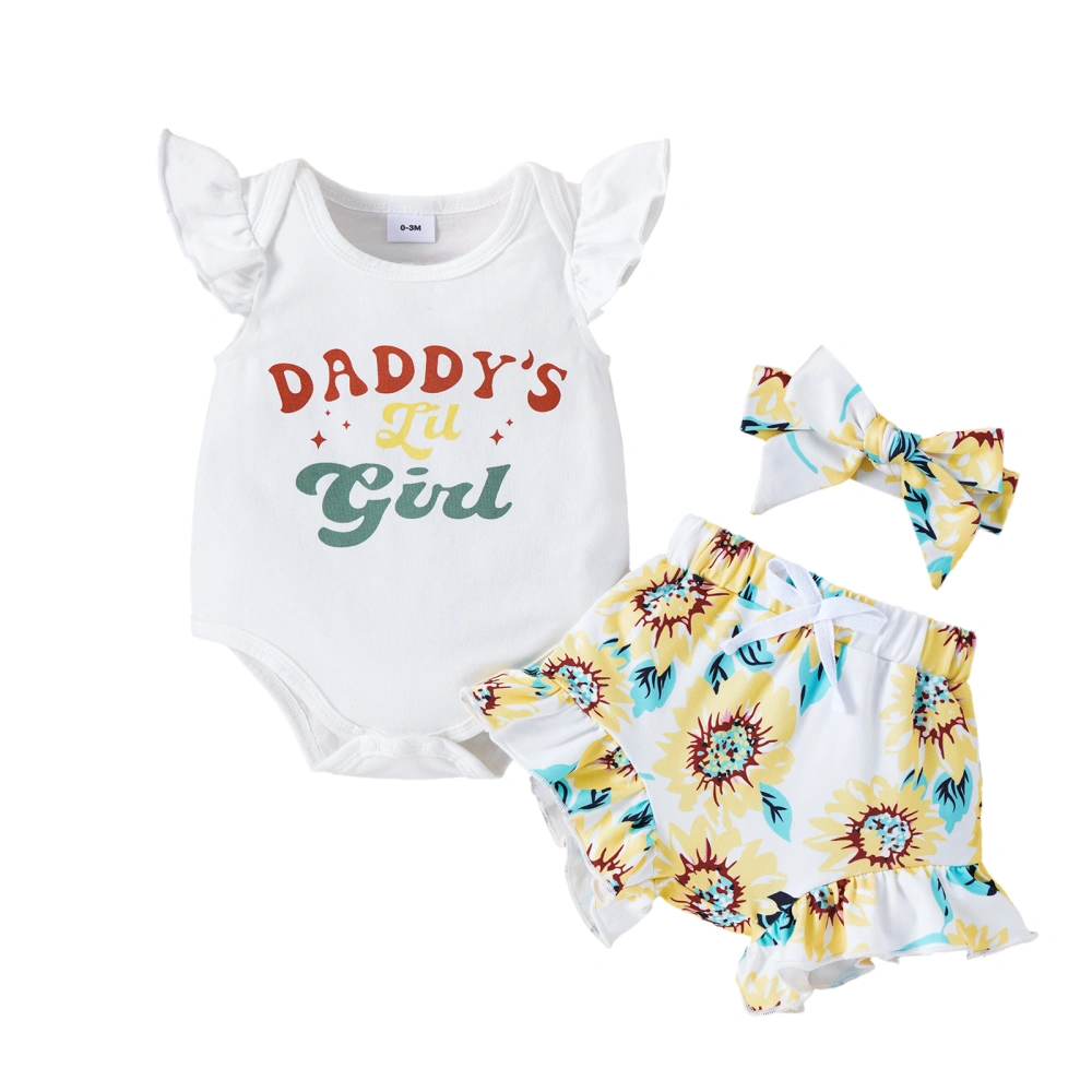 Baby Girls Shorts Set Fly Sleeve Letters Romper Flower Shorts Hairband