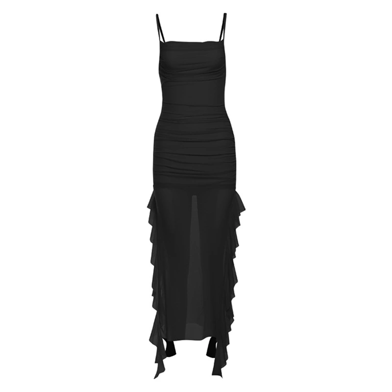 Women Long Dress Sleeveless Open Back Irregular Ruffle Slip Dress