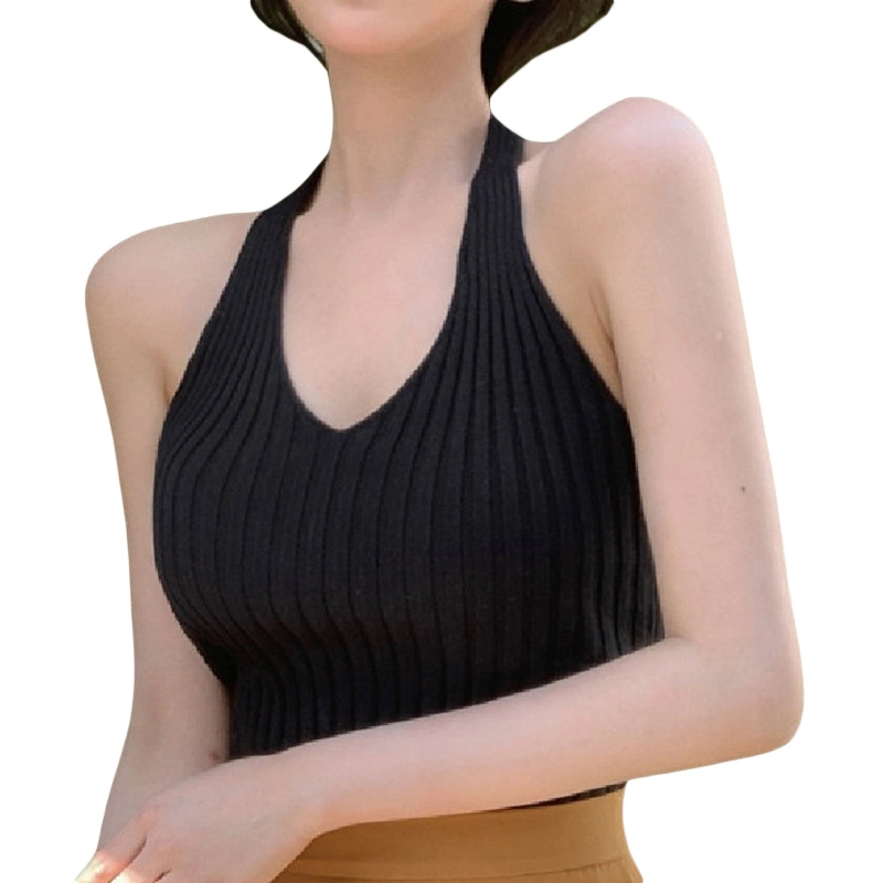 Women's Knit Halter Tank Tops Solid Color Ribbed V-Neck Backless Vest 