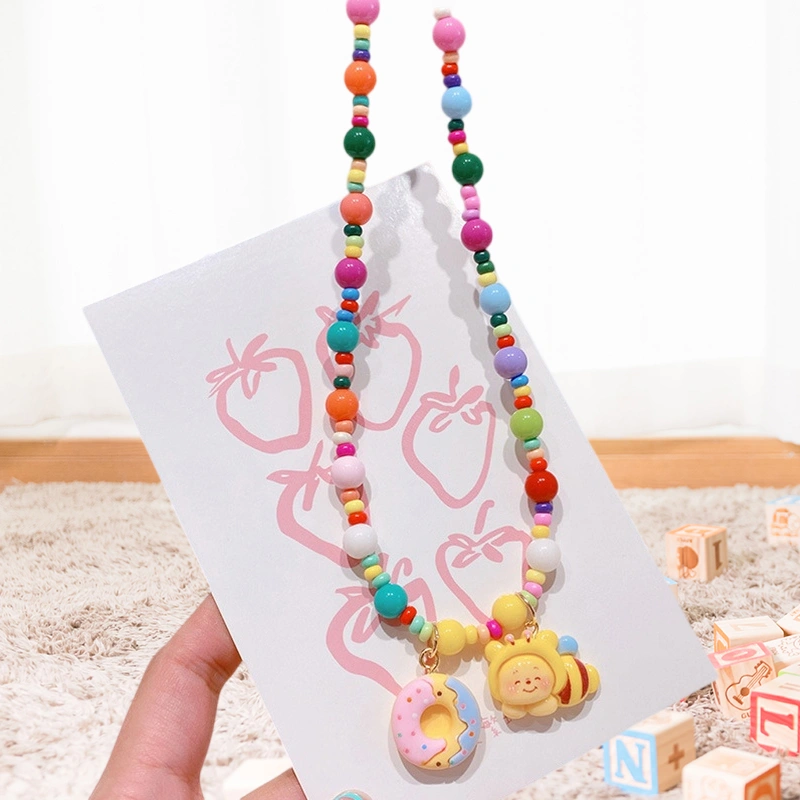 Colorful Beaded Necklace Cute Rainbow Necklace with Bear Pendant